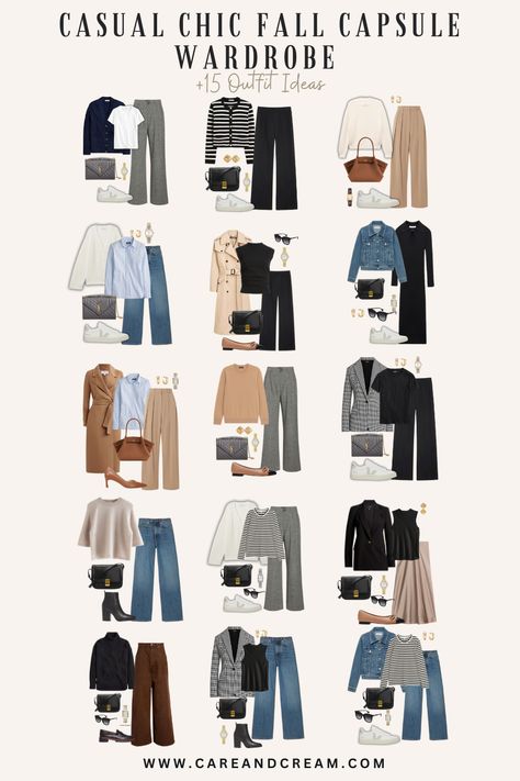 Discover the ultimate guide to a casual chic fall capsule wardrobe! This blog post breaks down your fall wardrobe essentials and fall basics into classy, cozy, and stylish staples. Find out how to create casual chic fall outfits. Perfect autumn outfits and fall outfits for women with these 15 fall outfit ideas. Elevate your fall style effortlessly! Fall Office Capsule Wardrobe, Autumn Looks Outfits, Comfy Casual Capsule Wardrobe, Autumn Outfit Paris, Fall Capsule Shoes, Basic Capsule Wardrobe 2024, Casual Chic Outfit Fall, Outfit Winter Ideas For Women, Modern Woman Outfit