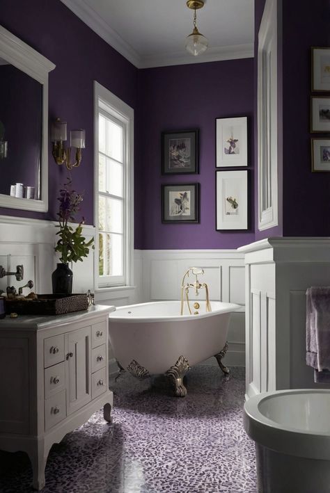 Step into luxury with Majestic Purple (SW 6545) as we enhance your bathroom with regal hues. Discover how to add sophistication to your space with our daily interior designer routine. #Ad #homedecor #homedesign #bathroom #Painthome interiorarchitecture best Wall Colors for Bathroom Colors Bright Room Colors best colors combinations bathroom bathroom Remodeling Modern Paint Colors 2024 Purple Trim Interior, Purple Powder Room Ideas, Small Bathroom Purple, Dark Purple Bathroom Walls, Purple Master Bath, Majestic Purple Sherwin Williams, Bathroom Colours Ideas, Purple Themed Bathroom, Bathroom Colors For Small Bathrooms