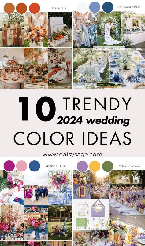 Embrace the future of wedding aesthetics with the trendiest colors for 2024. Get inspired and create a memorable event. Wedding Theme Color Ideas, Wedding Theme 2024 Trends, Wedding Theme Colors 2024, Color For Wedding Ideas, Theme Colours For Wedding, Trendy Wedding Colors 2024, 2024 Wedding Colours, 2024 Wedding Theme, Wedding Theme Ideas 2024