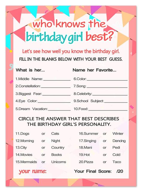 Birthday Girl Games, Girls Birthday Party Games, Birthday Party Game, 13 Birthday, Questions For Friends, Girl Games, Taylor Swift Birthday, Cute Birthday Ideas, Fun Sleepover Ideas