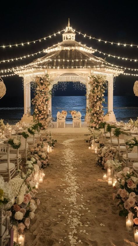 15 Beach Wedding Ideas Perfect for Your Big Day | Beach Wedding Inspo Beach Wedding Night Time, Cute Beach Wedding Ideas, Fairytale Beach Wedding, Wedding Outside Ideas, Beach Venue Wedding, Ocean Wedding Venue, Dream Wedding Beach, Simple Beach Wedding Ideas, Whimsical Beach Wedding