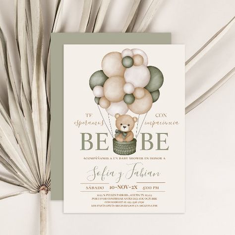 Bear Balloons Boy Baby Shower Spanish Invitation #zazzle #weddinginvitations #birthdayinvitations #babyshowerinvitations #zazzleinvitations #monogram #businesscards #graduation #homedecor Baby Shower Verde, Creek Logo, Spanish Invitations, Sage Green Baby Shower, Bear Template, Baby Boy Invitations, Invitaciones Baby Shower, Teddy Bear Baby Shower Invitations, Baby Brunch