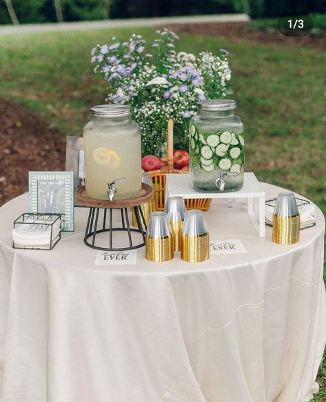 Engagement Party Garden Ideas, Backyard Engagement Party Ideas Decorations Drink Stations, Small Party Table Decor, Backyard Party Drink Station, Outside Engagement Party Ideas, Backyard Graduation Ideas, Drink Corner Party, White Table Cloth Wedding Decor, Backyard Bar Party