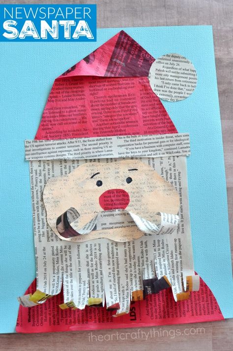 This adorable newspaper Santa Claus craft makes a great Christmas kids craft, Santa kids craft, newspaper kids craft and mixed media art project for kids. Santa Kids Crafts, Santa Claus Craft, Santa Claus Crafts, Juleverksted For Barn, Christmas Art Projects, Santa Crafts, Christmas Arts And Crafts, Newspaper Crafts, Christmas School