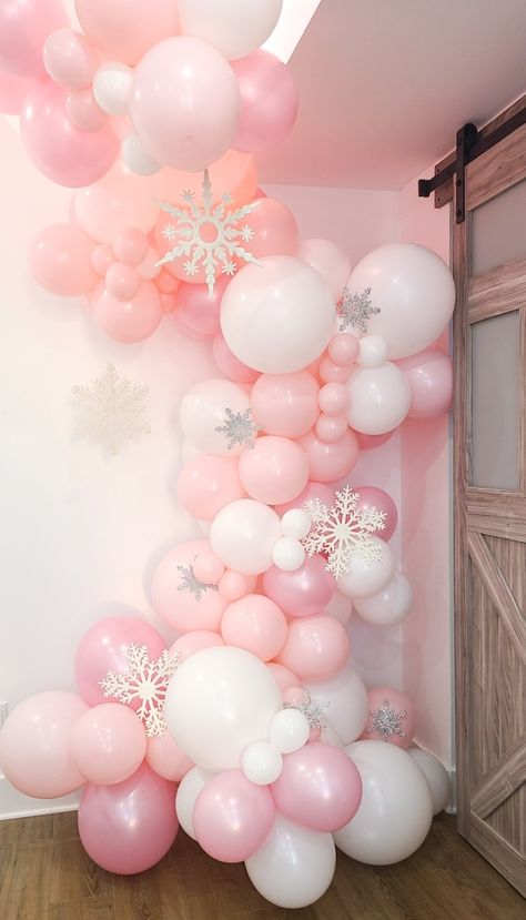 Pink Snowflake Birthday Party, Pink Winter Balloon Arch, Pink Winter Wonderland Backdrop, 1st Birthday Snowflake Theme, Pink Baby Shower Winter, Snow Themed First Birthday, Barbie Winter Wonderland Party, Pink Christmas Balloon Arch, Pink Winter Wonderland First Birthday