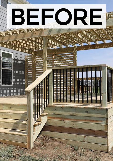 See how stain and paint transformed this deck and pergola! #deckstaining #pergolaondeck Front Deck Pergola Ideas, Deck To Fence Transition, Shiplap Deck Skirting, Pergolas, Amigurumi Patterns, Decks And Pergolas Ideas, Pergolas On Decks, How To Add A Pergola To An Existing Deck, Deck With Pergola And Swing