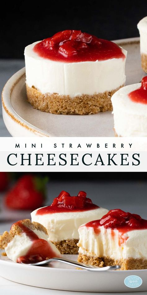 Mini no bake strawberry cheesecakes. A crumbly biscuit base, creamy no bake cheesecake filling and a rich strawberry topping. Recipe by movers and bakers Cheesecake Base Recipe, Homemade Strawberry Topping, Strawberry Cheesecake Recipe Easy, No Bake Cheesecakes, Mini No Bake Cheesecake, Cheesecake Recipes Easy Homemade, Vanilla Cheesecake Recipes, Strawberry Cheesecakes, Mini Strawberry Cheesecake