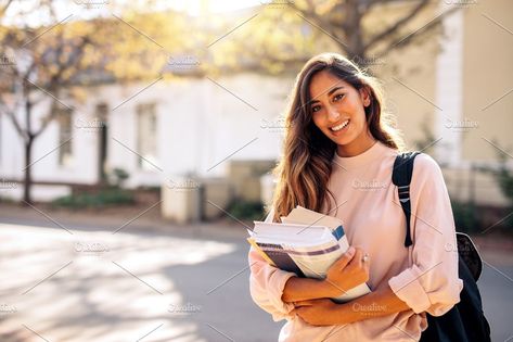 Female college student with books by Jacob Lund Photography on @creativemarket Student Images, College Photography, Student Picture, Study In Canada, Student Photo, How To Study, University Life, College Campus, Student Studying