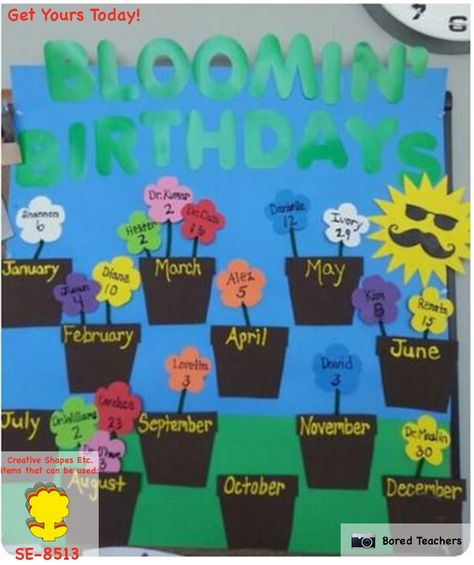 Birthday Bulletin Boards can have more than just balloons as a theme.  Our flower cut-outs would be great for creating a garden display of Blooming Birthdays such as the one pictured here! Get your flower cut-outs today and see what you can create! Garden Theme Classroom, Flower Bulletin Boards, Birthday Board Classroom, Creating A Garden, Birthday Boards, Creative Shapes, Birthday Bulletin Boards, Birthday Bulletin, Infant Classroom