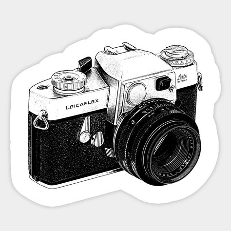 Illustration bçack and white. Leicaflex was the first series of 35 mm format Single-lens reflex (Slr) cameras manufactured by Leitz Camera. (WiKi) -- Choose from our vast selection of stickers to match with your favorite design to make the perfect customized sticker/decal. Perfect to put on water bottles, laptops, hard hats, and car windows. Everything from favorite TV show stickers to funny stickers. For men, women, boys, and girls. Cute Camera Stickers, Cute Vintage Stickers, Camera Stickers Aesthetic, Camera Stickers Printable, Old Stickers Vintage, Laptop Stickers Collage, Sticker Camera, Sticker Design Ideas, Black And White Camera