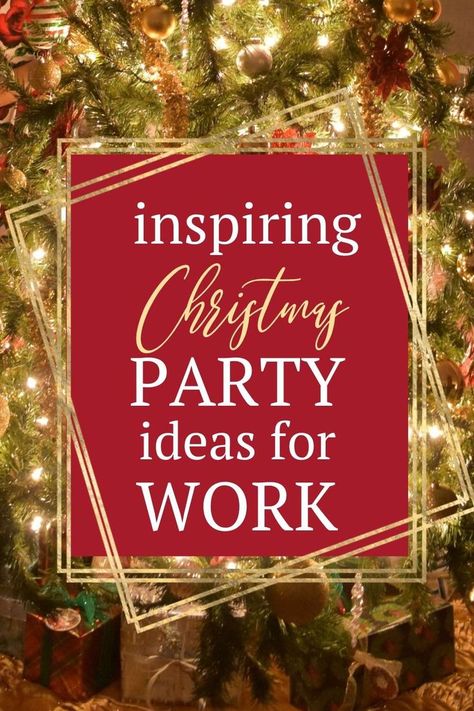 Inspiring Christmas party ideas for work. A decorated Christmas tree with a few presents under it. Christmas Party Ideas For Work, Staff Christmas Party Ideas, Christmas Party Themes For Adults, Work Christmas Party Ideas, Office Xmas Party, Christmas Party Centerpieces, Office Themed Party, Fun Christmas Party Ideas, Corporate Christmas Parties