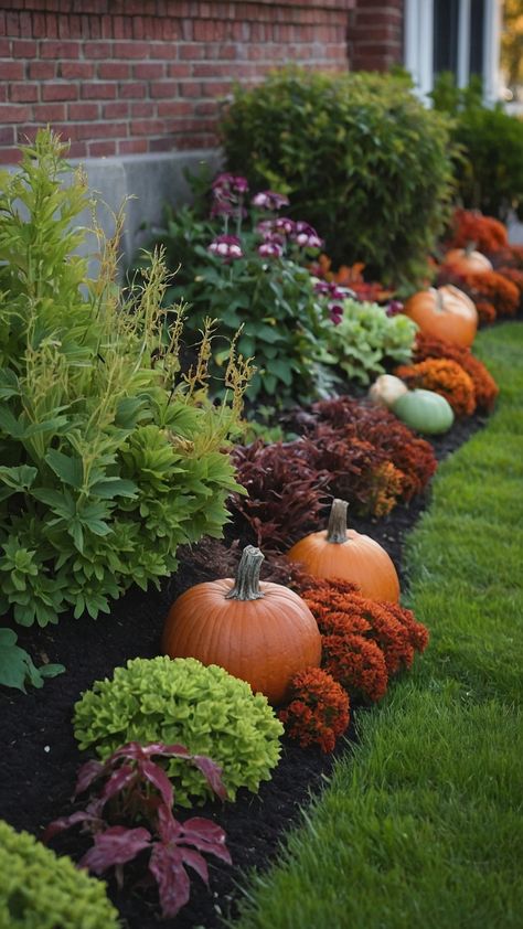 Explore creative fall garden ideas for vegetables parties weddings and aesthetics in Zone 7 Discover planting ideas for vegetable zones 6 9 and flag vegetables for design in Zone 6 Fall Gardening Ideas Zone 6, Fall Front Flower Bed Ideas, Flower Yard Ideas, Fall Flower Beds In Front Of House Decor, Pumpkins In Flower Bed, Mums Garden Ideas, Front Lawn Fall Decor Ideas, Autumn Flower Box Ideas, Mum Garden Bed