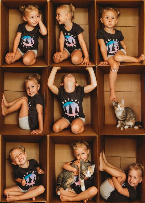 Toddler photography #cardboardbox #boxcollage #toddlerphotography Cardboard Box Photography, Baby In A Box Photography, Cardboard Box Photoshoot, In The Box Photography Diy, Box Pictures Ideas, Box Photography Ideas, Kids Photoshoot Ideas At Home, Toddler Picture Ideas, Toddler Photography Ideas