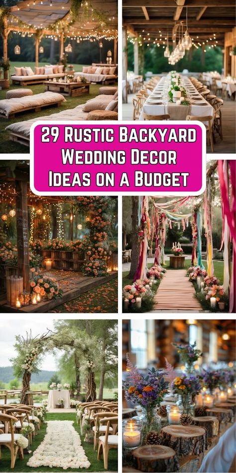 Discover 29 budget-friendly Rustic Backyard Wedding Decor Ideas to create a charming and unforgettable outdoor celebration. From DIY lighting to natural centerpieces, these tips will help you achieve a beautiful rustic ambiance without breaking the bank. Perfect for couples who love the simplicity and warmth of rustic style. Pin now for inspiration and start planning your dream backyard wedding! Backyard Wedding Country Rustic Outdoor, Outdoor Backyard Wedding Decorations, Farm Wedding Decor Ideas, Home Backyard Wedding Ideas, Simple Rustic Outdoor Wedding, Simple Woodsy Wedding Decor, Wedding Ceremony Ideas Decoration Outdoor, Micro Backyard Wedding Ideas, Backyard Reception Decor