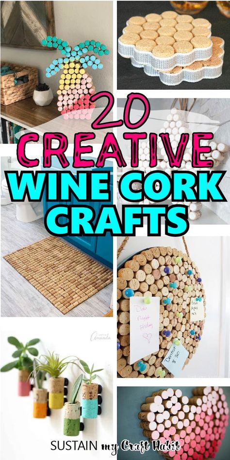 From decorative wall art, signs, jewelry organizers, hot pads and more, these easy and creative wine cork crafts will get you inspired! All include easy step-by-step tutorials on how to make the project ideas. #sustainmycrafthabit Wine Cork Centerpiece, Wine Cork Frame, Wine Cork Diy Projects, Wine Cork Coasters, Wine Cork Board, Aesthetic Craft, Wine Cork Christmas Tree, Cork Diy Projects, Cork Crafts Christmas