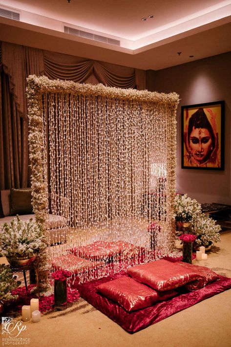 Bangladeshi Bride’s Stunning Pastel Looks For Her Nikaah - ShaadiWish Nikah At Home Decor, Home Nikkah Ideas, Nikah Setup At Home, Nikaah Home Decoration, Bangladeshi Wedding Decoration, Nikha Decoration Ideas, Nikah Partition Decor, Nikkah Partition Decor, Pakistani Nikah Decoration