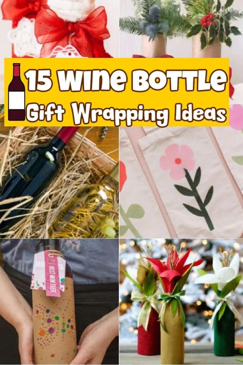 Champagne Bottle Gift Wrapping Ideas, Champagne Bottle Wrapping, Creative Wine Bottle Wrapping, How To Gift Wine Bottles, How To Wrap A Bottle For Christmas, How To Gift A Bottle Of Wine, Wine Bottle Covers Diy Gift Bags, Gift Wrapping Wine Bottles Ideas, How To Wrap Wine Bottles Gift Christmas