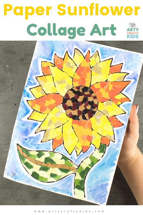 To recreate this beautiful Paper Sunflower Collage Art Project, you will need some brightly colored paper, glue and our printable sunflower template. Embroidery Designs Sunflower, Sunflower Origami, Sunflower Collage, Sunflower Art Project, Printable Sunflower, Sunflower Template, Sunflower Mosaic, Sunflower Fabric, Paper Sunflower