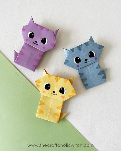 single sheet origami cat Cute Cat Crafts Diy, Paper Cats Diy, Things To Fold Out Of Paper, Small Origami Tutorials, Cute And Easy Paper Crafts, Free Origami Printables, Free Origami Patterns, How To Make A Paper Cat, Easy Cat Craft