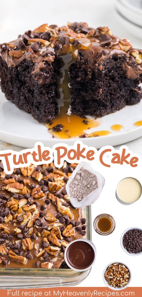 Summer Poke Cake, Turtle Poke Cake Recipe, Turtle Poke Cake, My Heavenly Recipes, Heavenly Recipes, Caramel Apples Homemade, Poke Cake Recipe, Chocolate Poke Cake, Blueberry Breakfast Cake