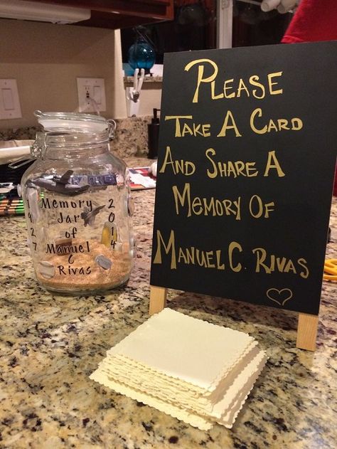 This would be a great idea for a memorial service.  It would get guests talking about their favourite memories and is something the family members can take comfort in later too. 50th Birthday Ideas For Men, Birthday Ideas For Men, 50th Birthday Ideas, 50th Birthday Men, Moms 50th Birthday, Fest Temaer, Memory Jar, 50th Anniversary Party, 90's Birthday Party