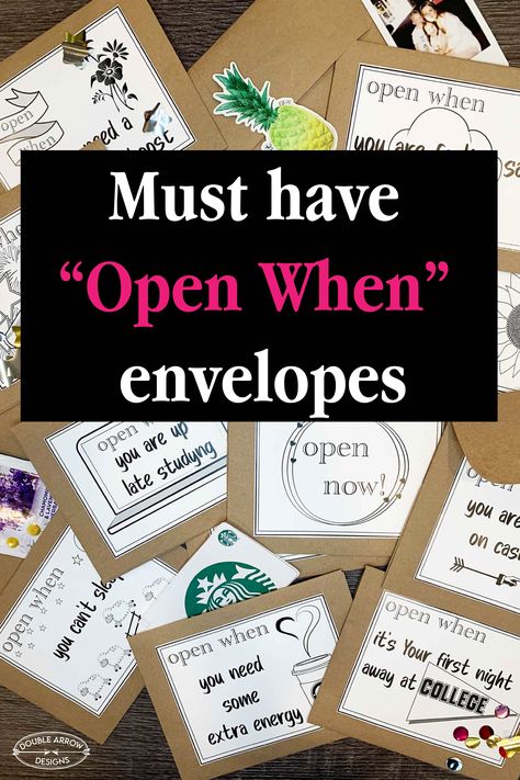 Amazing fun printable "open When" labels. Just download these and put on envelopes and fill with fun momentums for college students. Sending Home Student Work, Gift Box For College Student, Self Care Checklist For Students, Open When Care Package Ideas, Off To College Card Ideas, Diy For College Students, Open Me When Gifts, For College Students, Open When Envelope Ideas For College