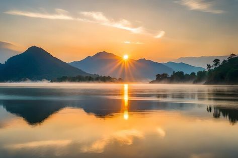 A sunset over a lake with mountains in t... | Premium Photo #Freepik #photo #daybreak #sunrise #tranquil-scene #lake Bedroom Ideas Sloped Ceiling, Buddha Birth, Sloped Ceiling Bedroom Ideas, Ceiling Bedroom Ideas, Bedroom Sloped Ceiling, Sloped Ceiling Lighting, Sunset In Mountains, Lake Paintings, Mountain Sunset Painting