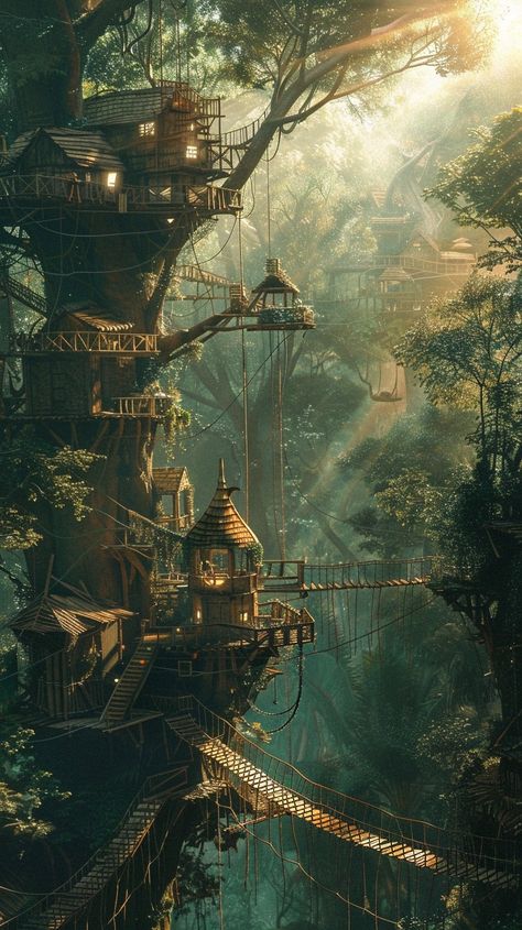 Enchanted Treehouse Escape: A mystical treehouse village nestled within an ancient forest bathed in the morning's ethereal light. #enchanted #treehouse #forest #mystical #village #ancient #morning #light #aiart #aiphoto #stockcake https://ayr.app/l/cPAC Treehouse Village, Fantasy And Reality, Forest Village, Fantasy Village, Ethereal Light, My Fantasy World, Mystical Forest, The Rising Sun, Ancient Forest