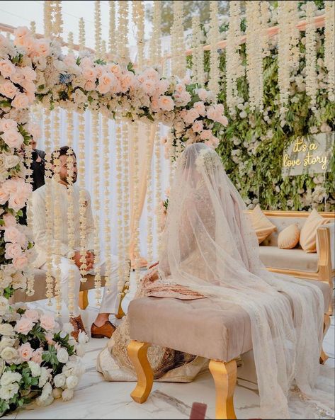 its a love story ✨ Desi Wedding Nikkah, Outdoor Nikkah Ceremony, Pakistani Outdoor Wedding, Nikkah Setup Outdoor, Nikkah Pictures Photo Ideas, Nikkah Colour Theme, Nikkah Ideas Inspiration, Pink Nikkah Decor, Outside Nikkah