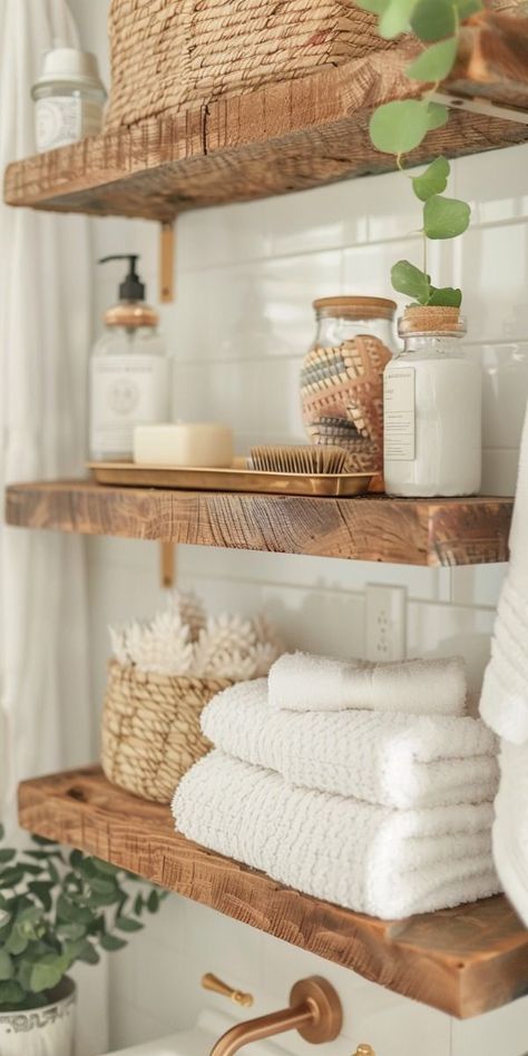 Simple Bathroom Shower Ideas, Small Rustic Boho Bathroom, Branch Display Ideas, Bathroom Self Care Aesthetic, Bathroom Ideas With Wood Vanity, Beige Rustic Bathroom, Diy Coastal Bathroom Decor, Home Decor Ideas Coastal Style, Rent Bathroom Ideas