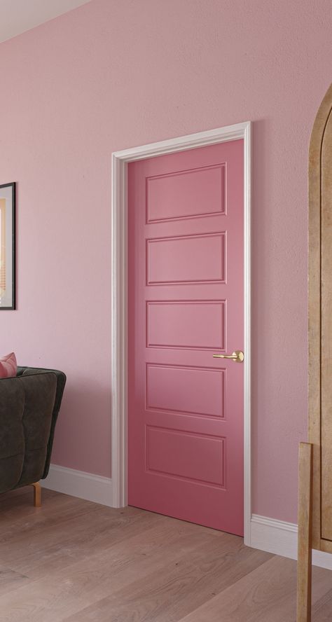 pink solid core interior door from Masonite Pink Bathroom Door, Pink Door Interior, Pink Door Aesthetic, Pink Door Bedroom, Pink Interior Design Living Room, Pink Decorations For Room, Pink Baseboards, Pink Office Paint Color, Pink Interior Door