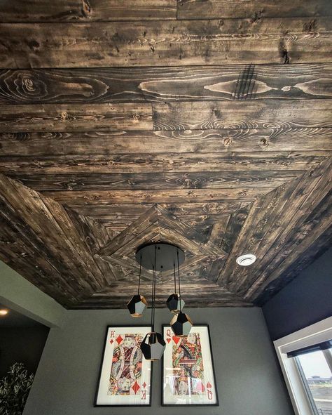 Laying on your back for an instagram photo of a ceiling feature completed by the team so you all can see the work they do and what is possible for your next project! #barnwood #reclaimedwood #woodworking #featurewall #ceiling #house #interiordesign #create #build #yyc #yeg #modernrustic Barn Wood, Ceiling Feature, Pallet Ceiling, Barnwood, The Team, Modern Rustic, Feature Wall, Your Back, Reclaimed Wood