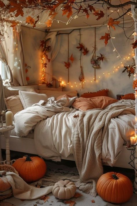 Discover 30 cozy fall bedroom decor ideas, including autumn-themed art and rugs, for a warm and inviting autumn sanctuary. Fall Decor Ideas For Bedroom Cozy, Autumn Themed Room, Fall Decor Ideas For Room, Fall Room Decor Aesthetic, Redecorate Room, Fall Bed, Fall Room Ideas, Autumn Bedroom Decor, Autumn Moodboard