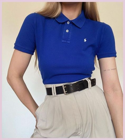 Ralph Lauren Blue Shirt Women Outfit, Polo Woman Outfit, Work Polo Outfit, Styling A Polo Shirt Women, How To Wear Polo Shirts Women, Fitted Polo Shirt Outfit Women's, Polo Outfits For Women Aesthetic, Blue Polo Outfit Woman, Styling Polo Shirts Women