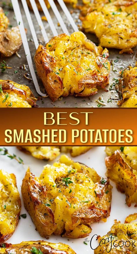 These crispy Smashed Potatoes are easy to oven roast with a buttery herb topping. They're the best easy side dish recipe to serve with chicken, pork, steak, and more! Essen, Smashed Potatoes Recipe, Crispy Smashed Potatoes, Potato Recipes Side Dishes, Pork Steak, Smashed Potatoes, Potato Side Dishes, Health Dinner Recipes, Veggie Side Dishes