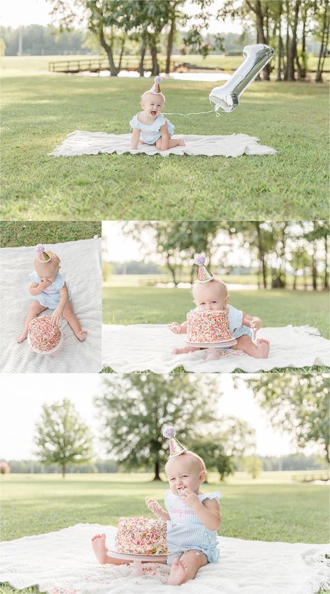 1st Birthday Pictures Outside, 1st Birthday Outdoor Decorations, 1st Birthday Diy Photoshoot, Yearly Birthday Pictures, Smash Photoshoot First Birthdays, 1 Year Smash Cake Photo Shoot, 1 Year Cake Smash Photoshoot, Photo First Birthday, Sprinkle Cake Smash