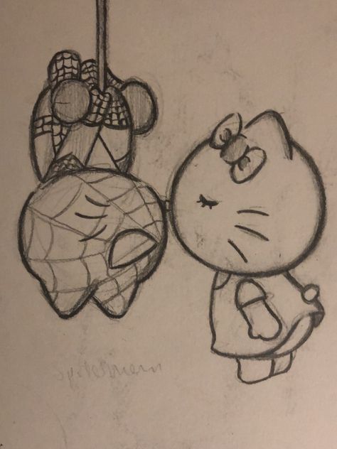 Easy Things To Draw Hello Kitty, Spider Man Drawing Easy Cute, How To Draw Hello Kitty And Spiderman, Cute Hearts To Draw, Gwen Spiderman Sketch, Drawing Spiderman Easy, Spiderman Birthday Drawing, I Love Him Drawings, Sketchbook Ideas Hello Kitty