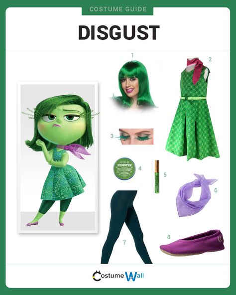 Go green with a costume that looks just like Disgust, one of Riley's emotions from Disney/Pixar's Inside Out. Disgust Inside Out Halloween Costume, Disgust From Inside Out, Disgust Inside Out Costume, Disgust Disneybound, Inside Out Inspired Outfits, Green Costume Ideas, Green Dress Halloween Costume, Costume D’halloween, Inside Out 2 Outfit Ideas