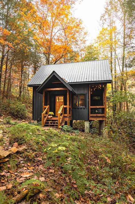 Small Cabin Cottage, Tiny Homes In The Woods, Cute Cabins In The Woods, Small Homes In The Woods, Tiny Cabin Exterior Ideas, Small Cabin Front Porch Ideas, Cozy Tiny Cabin, Tiny House Lake Cottage, Tiny Home In The Mountains