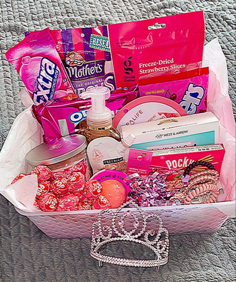 Made this pink gift basket for a friends 16th birthday!🧺🎀 most items can be found at Target 16 Gifts For 16th Birthday Girl Basket, All Pink Gift Basket, Pink Baskets Gift Ideas, Pink Bday Gift Basket, Pink Basket Birthday Gift, Girl Gift Baskets Christmas, Pink Gift Basket Ideas For Women, Gift Basket Pink Theme, All Things Pink Gift Basket