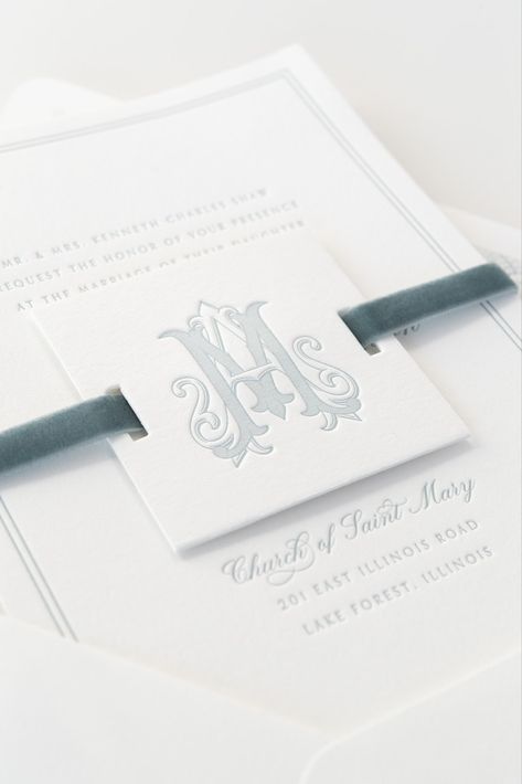 #weddinglogo #weddingmonogram #monogram #classicwedding #timelesswedding #letterpressinvitations #letterpressinvites #luxuryinvitations #dustybluewedding #dustyblue #velvetribbon #estateweddingvenue #springwedding #summerwedding #fallwedding #winterwedding Bridal Stationary, Watercolor Invites, Southern Wedding Invitations, Embossed Invitations, Wedding Planning Gifts, Blue Velvet Ribbon, Timeless Wedding Invitations, Letterpress Wedding Invitation, Classy Wedding Invitations