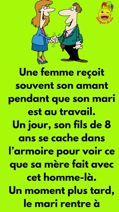 BLAGUE SUR FAIT SOMBRE ICI Une femme reçoit souvent son amant pendant que son mari est au travail. Un jour, son fils de 8 ans se cache dans l'armoire pour voir ce que sa mère fait avec cet homme-là. Un moment plus tard, le mari rentre à l'improviste. Paniquée, la femme cache son amant, dans Film Facts, Disney World Facts, Vieux Couples, Construction Fails, Old School Bus, Wife Jokes, Popular Stories, Movie Facts, Geek Humor