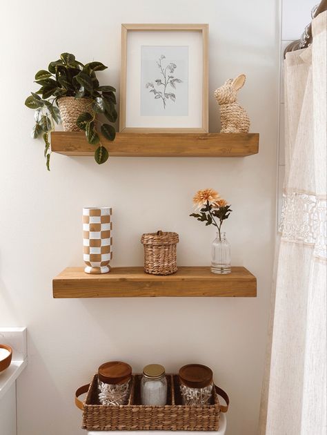 Two Small Shelves On Wall, Shelf Next To Toilet, Bathroom Counter Decor Boho, Wicker Shelves Bathroom, Above Toilet Basket, Decorated Bathroom Shelves, Wicker Floating Shelves, Modern Boho Guest Bathroom, Wicker Shelf Bathroom