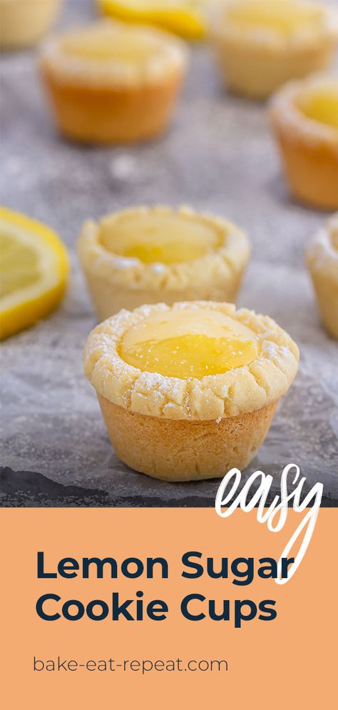 Madeleine, Mini Lemon Pies, Lemon Pies, Lemon Sugar Cookie, Lemon Bar Cookies, Sugar Cookie Cups, Cookie Cups Recipe, Sugar Cookie Crust, Lemon Sugar Cookies