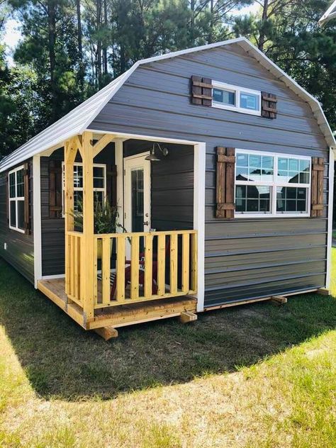 Fall in love with the style of this shed to cabin conversion! The ultimate tiny house design, this somewhat prefab kit is easy to customize! Watch how they turn a simple storage shed into a tiny home fit for a family! #TinyHouse #TinyHome #TinyCabin #Shed #ShedtoCabin #TinyShedHouse #ShedHouse #TinyHouseLiving 14x40 Shed House Interior Ideas, Shed To Cabin Conversion, Shed Conversion, Shed House Interior, Shed To Home, Bunkie Ideas, Converted Shed, Shed Tiny Home, Shed Tiny House