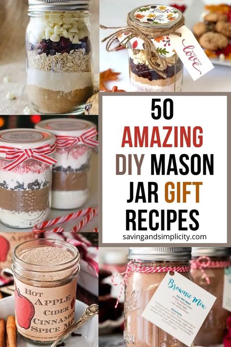 Discover 50 amazing mason jar recipes you can gift all year. DIY gifts in a gar. Cookie recipes in a mason jar, hot cocoa mix in a mason jar and so much more. Mason jar gifts including baking mixes in a jar, meals in a jar, soup mixes in a jar and other amazing mason jar crafts prefect for holiday gift giving. Christmas Crafts To Sell Make Money Mason Jars, Recipe Basket Gift, Natal, Mason Jar Soups Gifts, Homemade Cookie Jar Gift, Pint Size Mason Jar Gifts Christmas, Mason Jar Recipes Gifts Dry Mixes Hot Chocolate, Hot Cocoa Jars Gift, Gluten Free Mason Jar Gifts