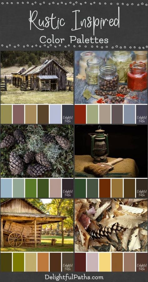 Rustic Inspired Color Palettes - Delightful Paths Wedding Rustic Color Schemes, Log Cabin Color Palette, Country Farmhouse Color Palette, Hobbit Color Palette, Western Color Scheme, Western Color Palette, Rustic Colour Palette, Garden Color Palette, Design Seeds Color Palette