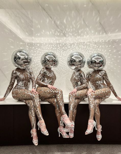 Disco Ball Dancers - Extraordinary Arts LLC Disco Alien, Disco Glam Party, Disco Ball Costume, Mirror Suit, Ball Mirror, Studio 54 Party, Disco Mirror, Disco Ball Mirror, Full Mirror