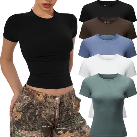 PRICES MAY VARY. High-quality: Crafted from a luxuriously soft and skin-friendly fabric, our basic tops for woman offer a second-skin feel. 5 piece Y2k shirts are made of 90% polyester and 10% spandex. High quality elastic fabric,light weight, super soft and skin-friendly, make you more comfortable to wear. Timeless Crop Tops Design: Discover the charm of our short sleeve t shirts - Going Out Crop Tops for women, Sexy shirts, slim fit crop tops, short sleeve, crew neck, solid color, plain unders Fitted T Shirt Women, Tight Tops For Women, Amazon Shirts Women, Tight Shirts For Women, Amazon Tops For Women, Amazon Basics Clothing, Cute Tops For School, Baddie Tops