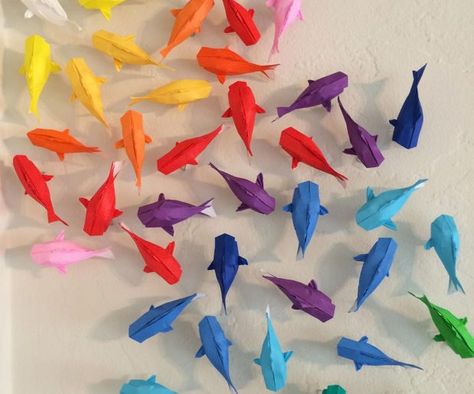 Wall of Rainbow Koi Origami Návody, Diy Paper Art, Vika Papper, Hanging Crafts, Kerajinan Diy, Wall Art Tutorial, Tutorial Origami, Origami And Kirigami, Folding Origami